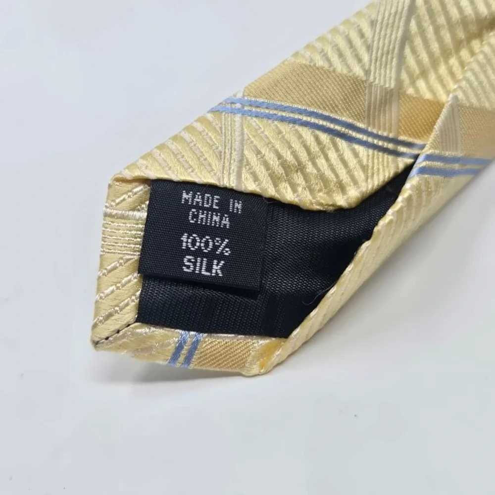 Mens Silk Necktie Yellow Plaid Check Blue Tan Textured Woven Formal Business Tie